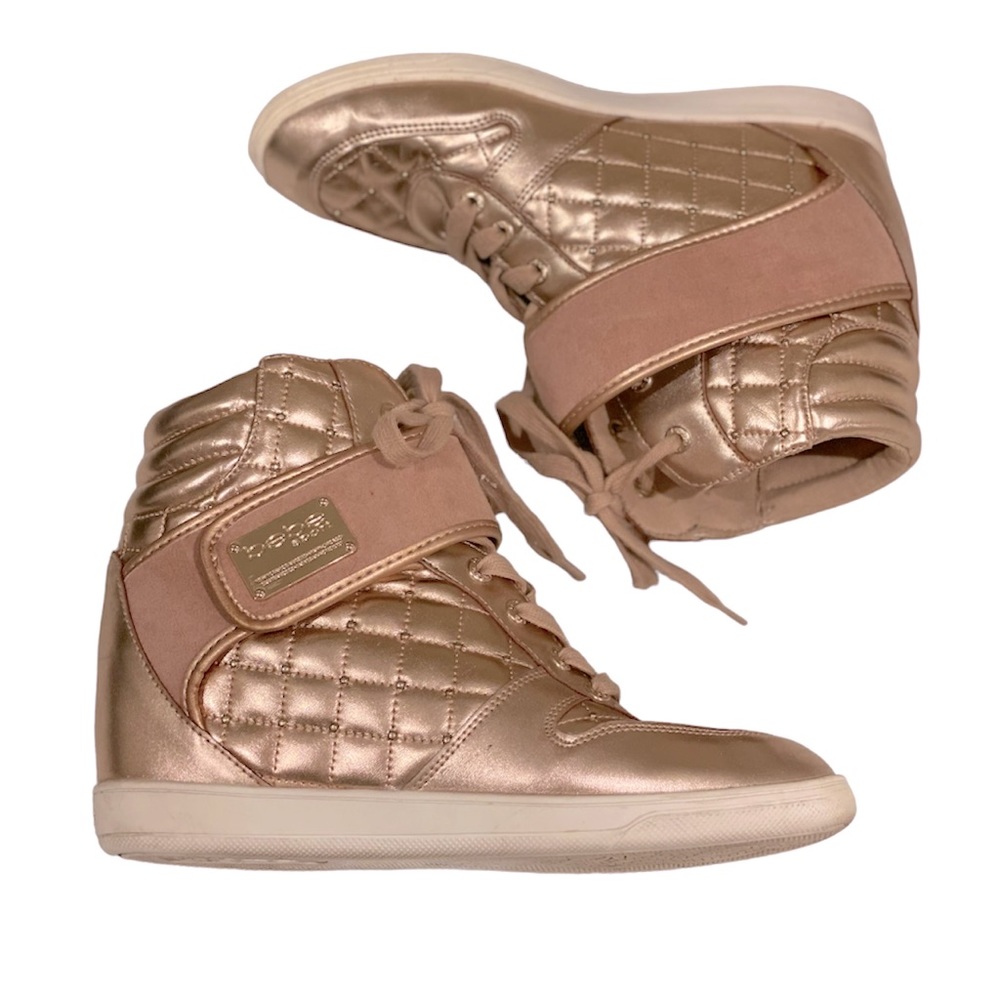 Retro Bebe Rose Gold Pink High Top Wedge Sneakers Metallic Shoes 7 80s